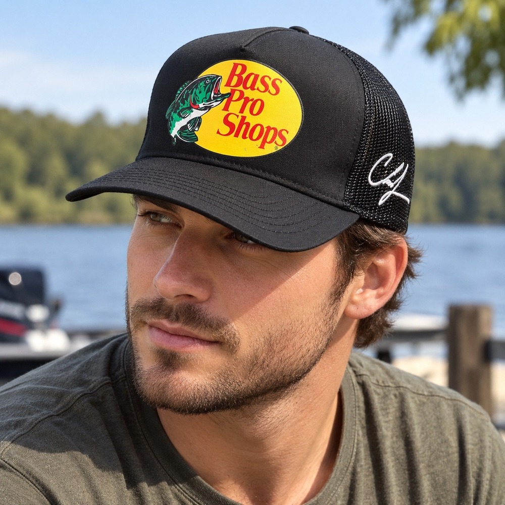 Bass Pro Shops Chris Janson Johnny Morris Black Mesh Trucker Snapback Hat OSFM